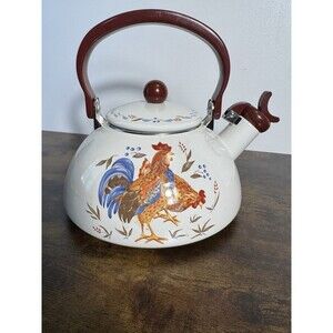 Vintage Rooster Enamel Tea Kettle Farmhouse Kitchen Decor Retro Whistling Pot